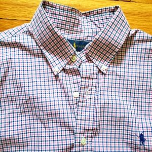 Ralph Lauren Tattersall Plaid Front Button Down Shirt Men Sz LARGE Pink Blue